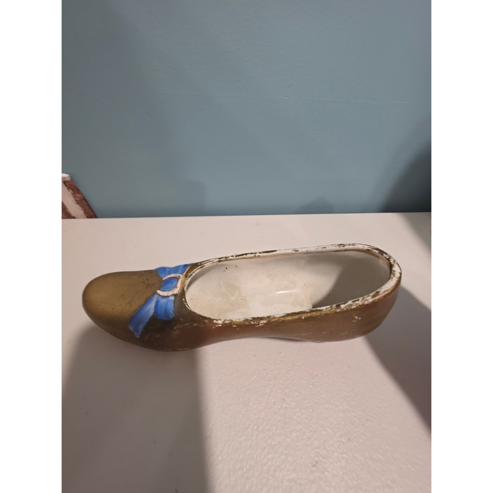 Vintage Ceramic Shoe Planter Gold with Blue Bow Hand Painted Trinket Dish Decor - Picture 4 of 6